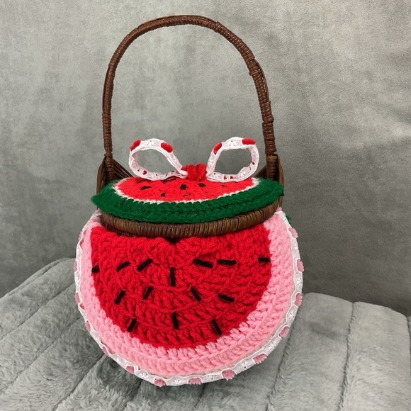 Handmade 12” watermelon picnic basket handbag decorative storage container - Picture 2 of 8